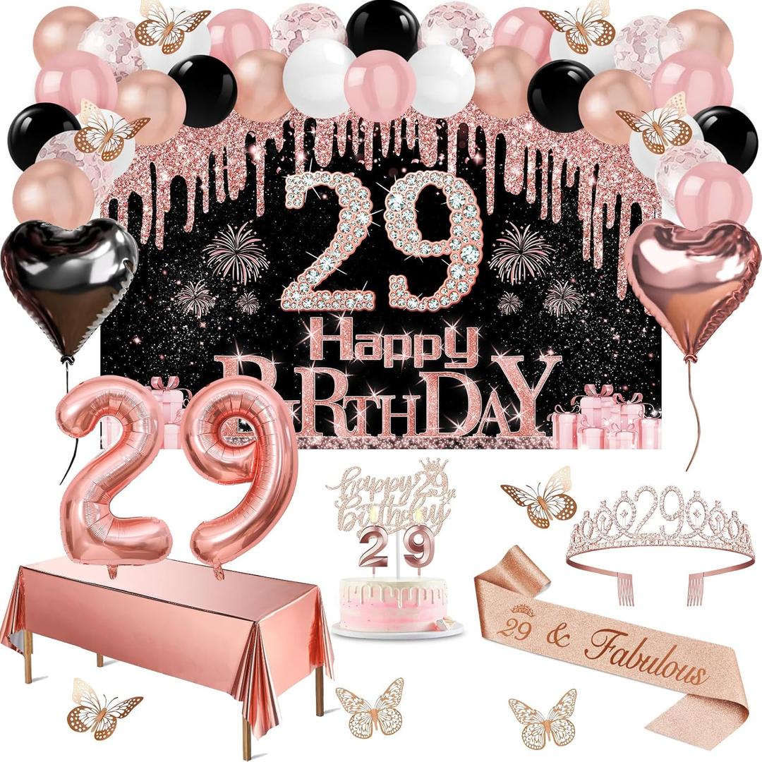 29th Birthday Decorations for Women, 49pcs Black Rose Gold Black Happy 29th Birthday Banner, Tablecloth, Butterfly Decor, Sash and Tiara, Cake Topper, Candles, Balloons Arch