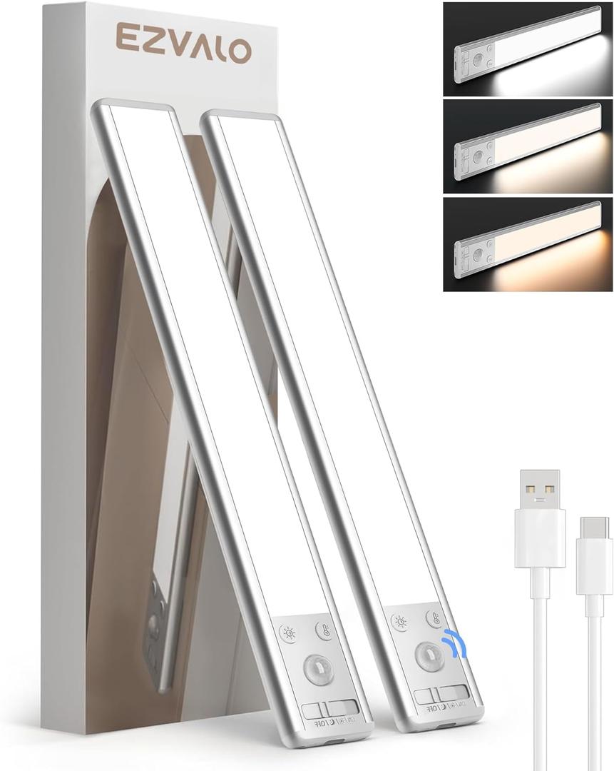 EZVALO 10inch Under Cabinet Lighting, 2500mAh Rechargeable Motion Sensor Lights Indoor with 3 Color Temps, 2 Pack Magnetic Closet Light, 80 LED Dimmable Under Counter Lights for Kitchen, Shelf, Stair (Silver)