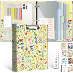 3 Ring Binder 1 Inch, Three Ring Binders Organizer with Clipboard, 5-Tabs Pockets Dividers, Plastic Folder, 18 Divider Stikers, KLLVE Cute Binder with Pen Loop (Garden Party, Letter Size)