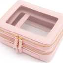 Aveniee XL Clear Makeup Organizer,Double Layer Travel Cosmetic Case with Brush Holder & Zippered Compartments, Large Toiletry Bag Train Case for Women.2 Layers, Pink