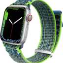 Sport Loop Nylon Band Compatible with Apple Watch Band 38mm 40mm 41mm 42mm 44mm 45mm 49mm Ultra 2 iWatch Series 9 8 7 6 SE 5 4 3 2 1 Strap, Fit for iPhone Watch Band Women Men Stretchy (Bright Green Blue)