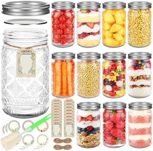 32 oz Mason Jars with Airtight Lids and Bands, 12-Pack with Wide Mouth, Rustic Stickers & Tags, Quart Glass Canning Jars for Pickling, Food Storage, Fermentation,Overnight Oats