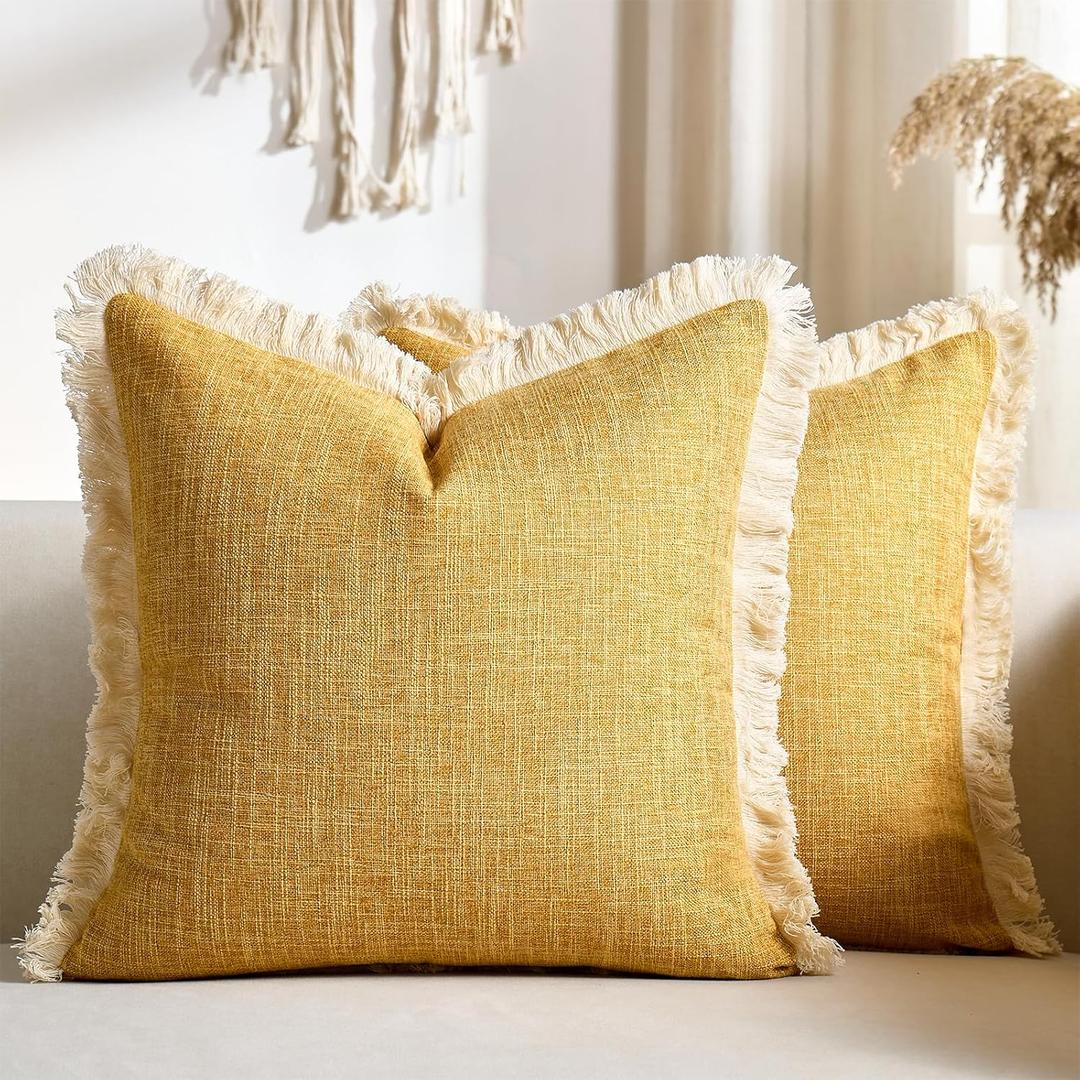 Mustard Yellow Faux Linen Decorative Throw Pillow Covers 18x18 Inch Set of 2 Boho Farmhouse Pillowcases with Tassels Rustic Woven Textured Burlap Cushion Cases for Sofa Bed Living Room Home Decor