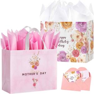 STYPOP 2 Pack 13" Large Mothers Day Gift Bags with Tissue Paper, Reusable Non-Woven Pink Gift Bags with Handles, Mothers Day Gifts for Mom/Grandma/Friends, 12.8"*10.2"*6.3"