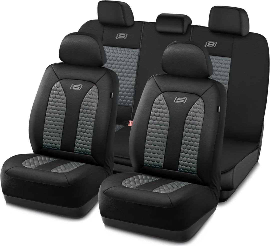 Skechers Memory Foam Car Seat Cover Full Sets, Hexcomb Breathable Thick Seat Covers, Airbag Compatible, Automotive Comfort & Protection for Most Cars,Van,Trucks, SUVs (Grey,Full Set)