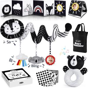 Joyreal High Contrast Baby Toys for Newborn, Black and White Baby Sensory Toys with Car Seat Toys,Infant Toys with Black White Cards Book, Montessori Toys for Baby Gifts