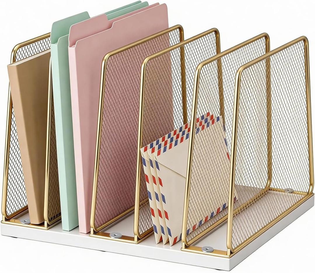 Gold Desk File Organizer, 5-Section Upright File Sorter, Vertical File Folder Holder, Mesh Metal Wood Office Desktop Organization for Document, Magazine, Books and more (White and Gold)