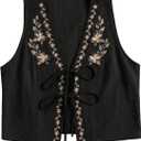 WDIRARA Women's Boho Floral Embroidery V Neck Tank Top Tie Front Sleeveless Tops Black, Large