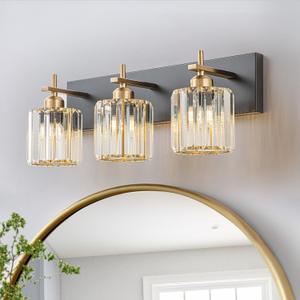 Modern Crystal Bathroom Vanity Lights, Black Gold 3-Lights Bathroom Light Fixtures Over Mirror, Crystal Wall Lighting with Polished Gold Finish(Exclude Bulb)