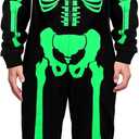 SOMSOC Men Halloween Skeleton Costume Glow in the Dark Adult Skeleton Onesie with Skull Face Cover (Large, Black)