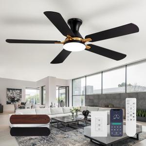 52" Modern Ceiling Fans with Lights and Remote Control/APP 5 Blades Black Low Profile Ceiling Fan LED Dimmable Flush Mount Ceiling Fan with Light for Living Dining Room Patio Kitchen