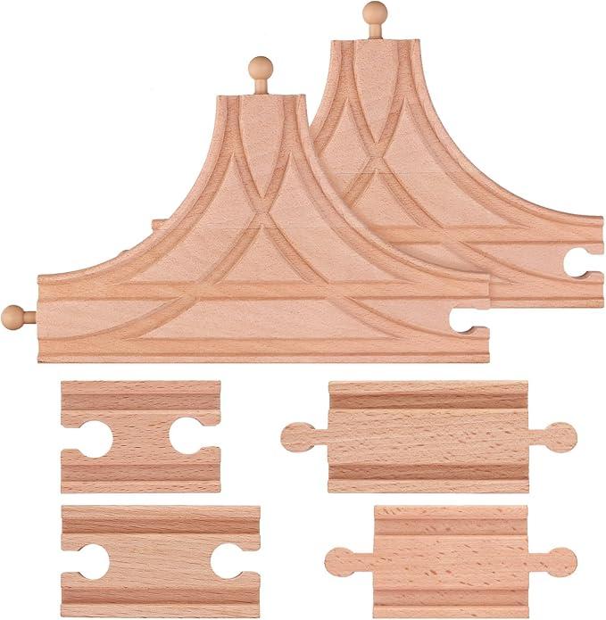 6 Pieces Switch Track Wooden Train Set Wooden Train Track Set1Pc T Switch 1Pc Switching Track Wooden Train Bridges Straight Wood Train Tracks Accessories for Most Major Toy Train Tracks Railway