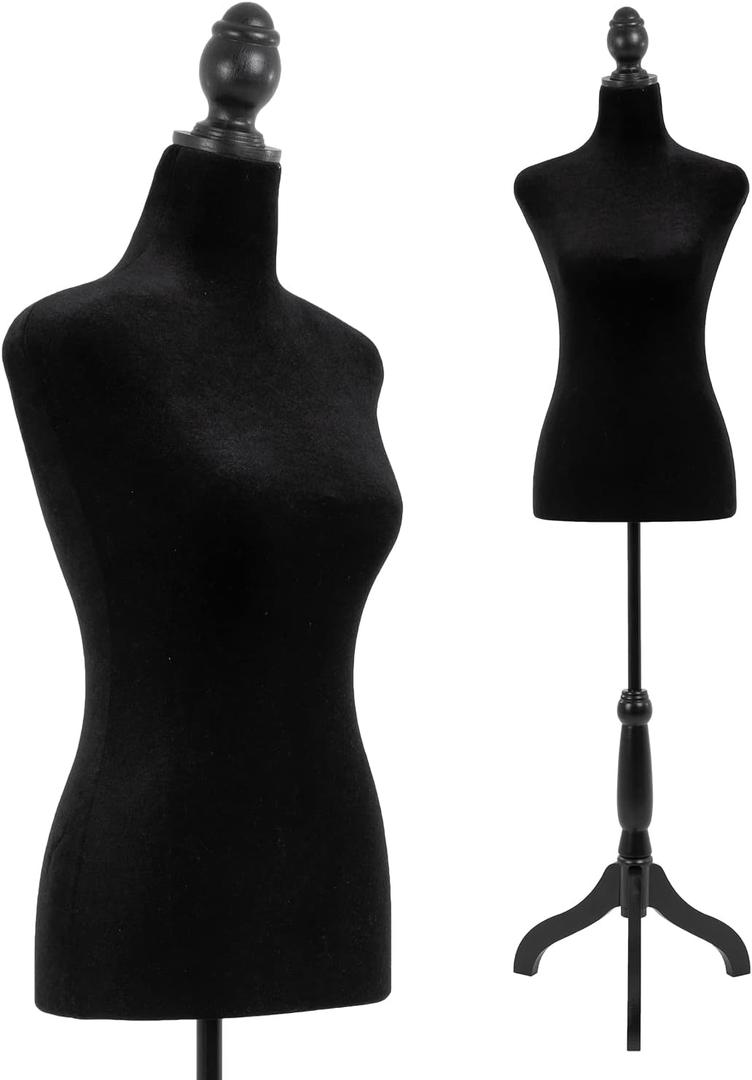 Mannequin Body Dress Form Torso Female Manikin 49.6-63.4 Inch Height Adjustable Wooden Tripod Stand High Density Foam Portable Display Mannequin (Black)