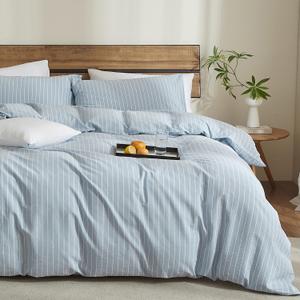Striped Duvet Cover Set King Size 100% Washed Cotton Linen Feel Natural Wrinkle Comfy Lightweight Bedding Set (King, Wide Stripe-Blue/White) (King(104" x 90"))