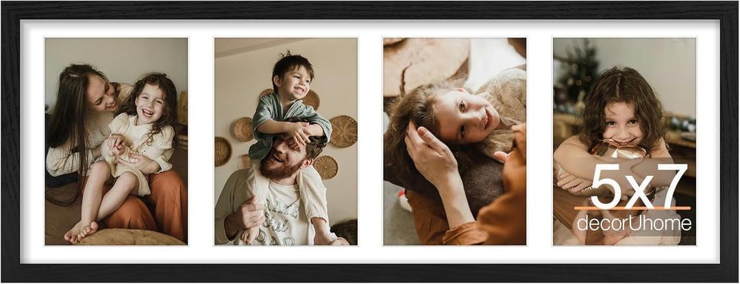 decorUhome 8x22 Picture Frames Collage Wall Decor, Display 4Pcs 5x7 Photos with Mat or 1Pcs 8x22 Unmatted, 4 5x7 Collage Picture Frames for Wall Mounting, Black