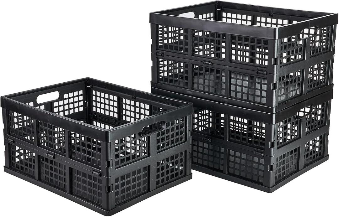 3-Pack Plastic Collapsible Storage Crates-30L,Foldable Plastic Crates for Storage (Black)