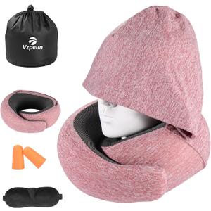 Travel Pillow - Hooded Neck Pillow Airplane Memory Foam Filling for Plane, Cars Sleeping, Road Trip, Long Flights, Portable Plane Accessories, Includes Eye Mask & Earplugs (Red)