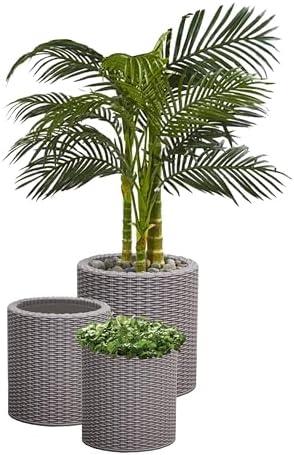Keter Cylinder Set of 3 Rattan Resin Planter for Indoor and Outdoor Plants Ideal Decorative Planter for Porches and Patio Decor, Taupe