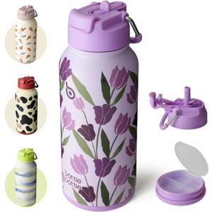 BOTTLE BOTTLE 32oz Insulated Water Bottle Stainless Steel Sport Water Bottle with Straw Dual-use Lid Design for Gym with Pill Box (Purple Tulips)
