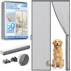 Heavy Duty Magnetic Screen Door Mesh - Auto-Sealing Hand-Free Door Net Screen with 50 Magnets, Pet & Kid Friendly, PET Fine Mesh Doors Screens Keep Bugs & Mosquitos Out Fits Front Doors Size 34 x 80