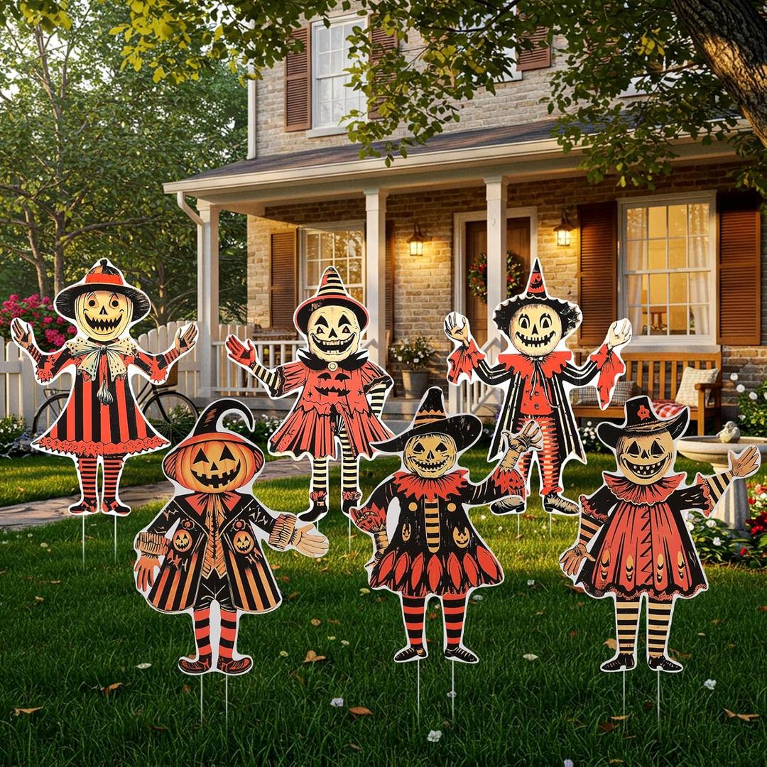 Roowest 6 Pcs Large Vintage Halloween Yard Signs with Stake Lawn Outdoor Spooky Pumpkin Yard Signs Pumpkin Witch Vintage Halloween Decorations for Horror Party Decor