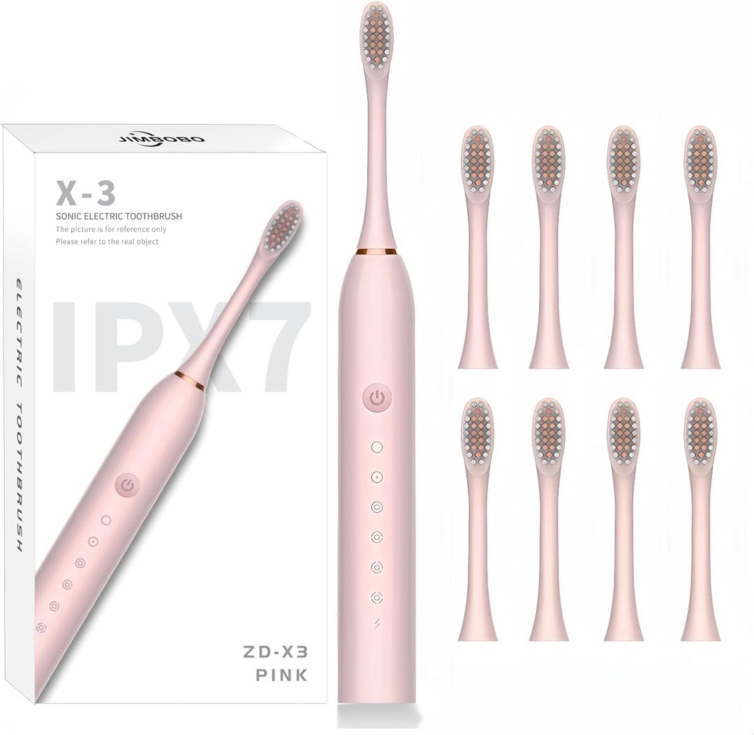 JIMBOBO Electric Toothbrush for Women Girls USB Rechargeable Ultra Sonic Toothbrushes with 8 Brush Heads 42,000 VPM Whitening 6 Cleaning Modes 2 Min Smart Timer 2-Hour Fast Charge for 60-Days (Pink) (1 Count (Pack of 1))