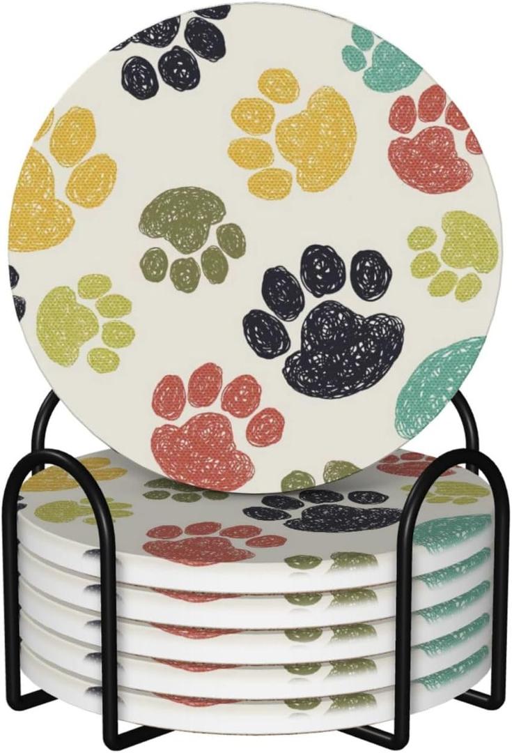 Funny Dog Paw Print 6 Pcs Coaster Set with Holder Round Ceramic Coasters Colorful Cute Beige Kids Cat Pawprint Claw Absorbent Cup Drink Coasters Set for Modern Coffee Table Bar Wine Beer Protect
