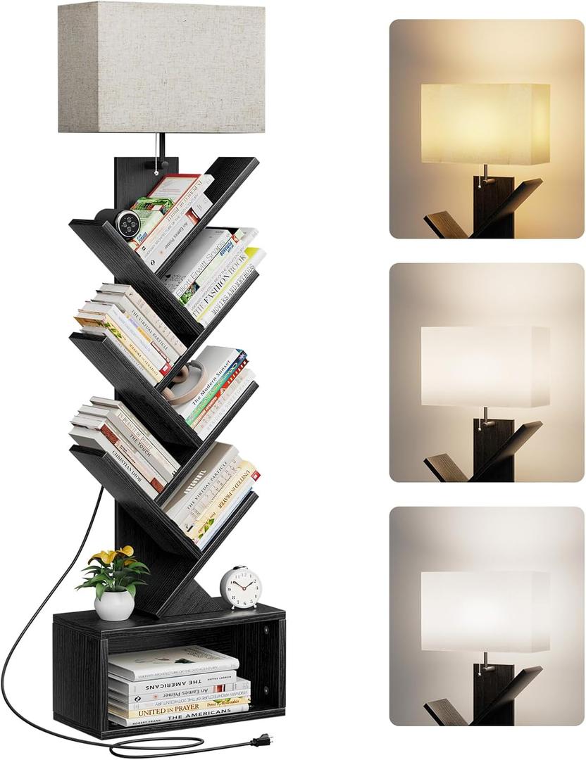 Evermagin 6 Tier Tree Bookshelf with Light, Narrow Bookcase Tower, Tall Floor Standing Book Shelf Organizer with Storage Cabinet for Living Room, Bedroom and Home Office, Black