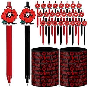 Tenceur 24 Sets Memorial Day Gifts for Veterans Bulk Poppy Ballpoint Pens Thank You Veterans Wristbands Memorial Day Poppy Gifts Patriotic Party Favors Decorations