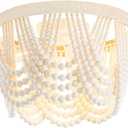 Boho Wood Beaded Chandelier,LED Flush Mount Ceiling Light,Farmhouse Rustic White Hemp Rope Chandeliers Fixture for Bedroom,Drawing Room,Kitchen, Entryway,Dining Room(3-Light)