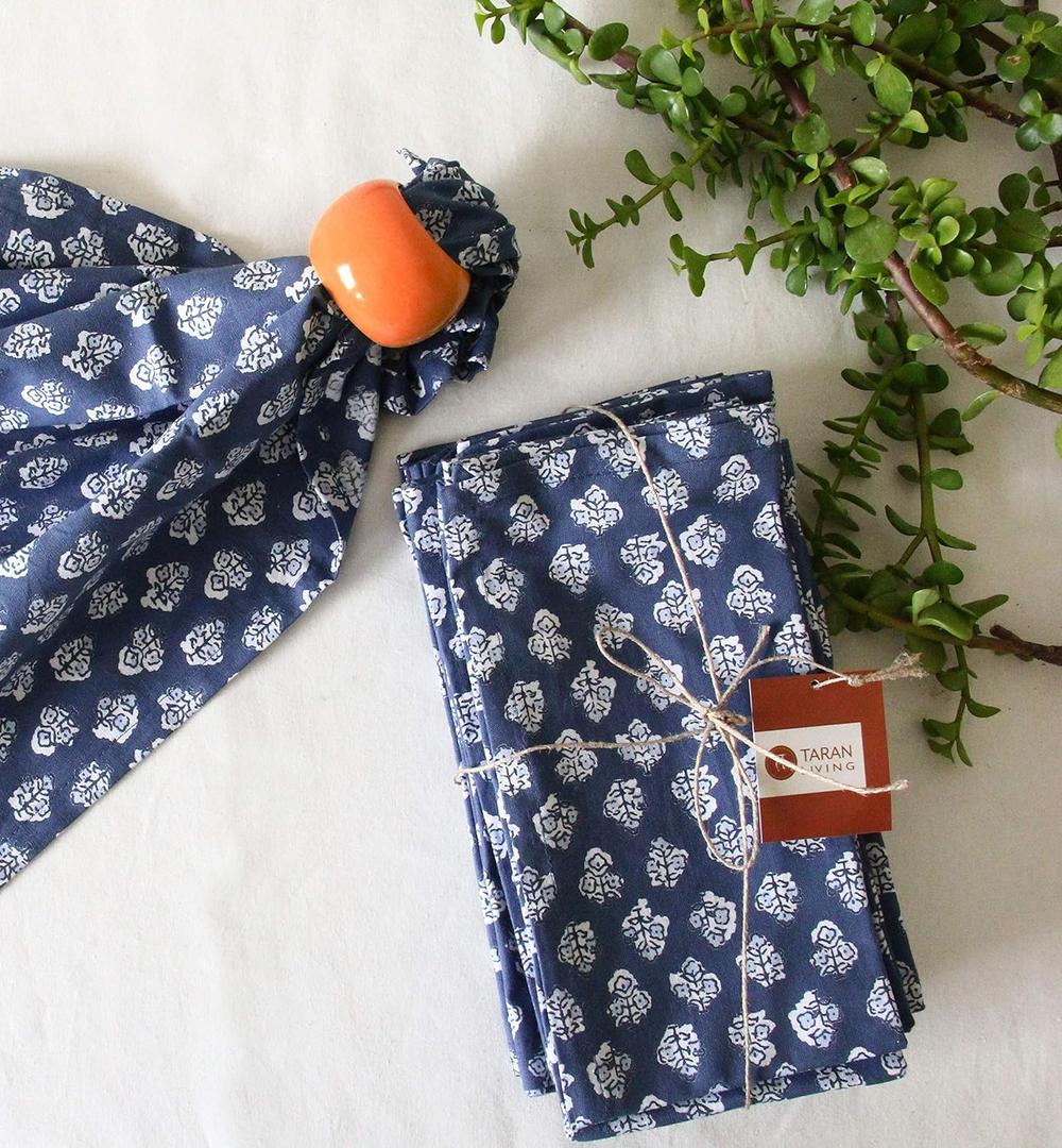 TARAN LIVING Cotton Cloth Napkins Reusable Floral Napkin Printed Dinner Napkin Set Cloth Daily Use Machine Washable Dish Cloth Gift for Valentine Home Decor Set of 12, Indigo Blue, 18x18 Inches