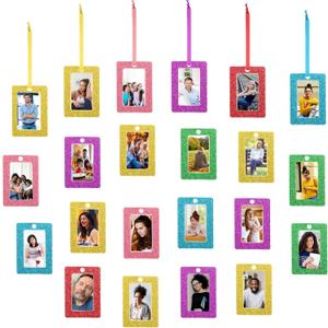 Queekay 48 Pieces Christmas Photo Ornament Frames 2 x 3 Inch Hanging Picture Xmas Gifts Glitter Mini Frames with Ribbon DIY Crafts Hanging on Christmas Trees Easter Wedding Decorations (Colorful)