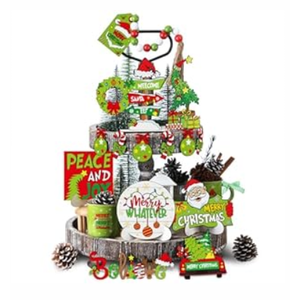 19 Pcs Christmas Tiered Tray Decor Set Lime Green Red Tray Decorations Merry Christmas Decor Items Santa Candy Wooden Sign Xmas Table Centerpieces Decorations for Home Shelf Party