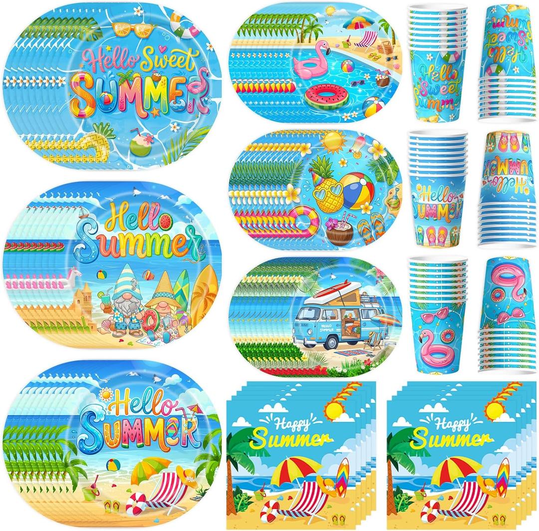 Hello Summer Party Decorations Beach Birthday Party Decorations Summer Plates, Napkins,Cups, Pool Birthday Baby Shower for Beach Party Supplies Serve 30