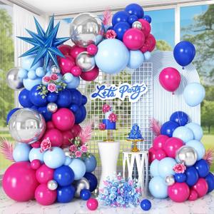 Royal Blue Hot Pink Balloon Arch Garland Kit with Blue Star Foil Balloons Silver 4D Round Balloons for Hawaii Theme Baby Shower Birthday Party Decorations