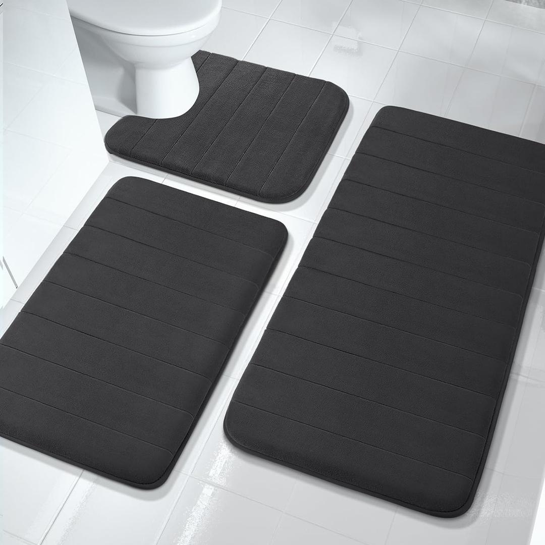 Yimobra 3 Pieces Memory Foam Bath Mat Sets, 44.1x24 + 31.5x19.8 and U-Shaped for Bathroom Rugs, Toilet Mats, Non-Slip, Soft Comfortable, Water Absorption, Machine Washable, Black