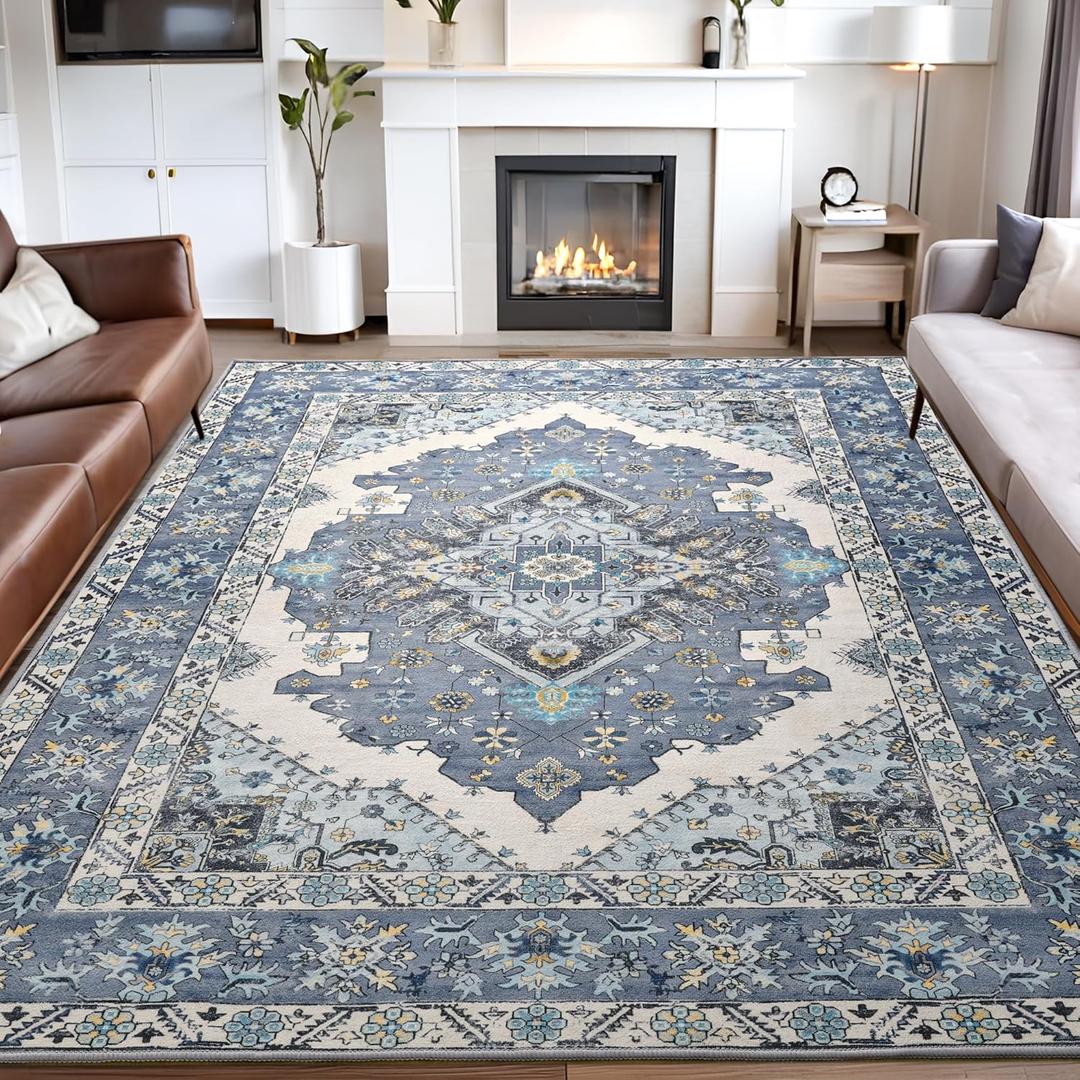 Noahas Blue 5x7 Area Rugs for Living Room, Vintage Machine Washable Rug,Low Pile Print Large Rug with Rubber Backing Non-Slip Carpet for Bedroom,Kitchen,Dining Room,Home Office,Home Decor
