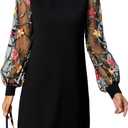 MakeMeChic Women's Fall Long Sleeve Floral Sheer Dress Wedding Guest Mesh Crew Neck Lace Black Mini Dresses, Small