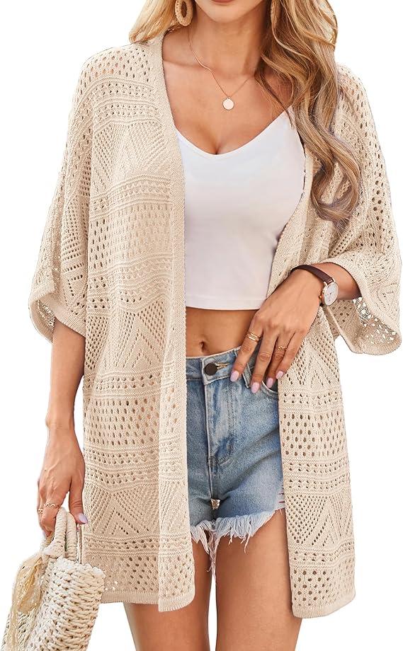 GRACE KARIN Beige Summer Cardigans for Women Lightweight Short Sleeve Crochet Knit Kimono Cardigan Vacation Outfits S