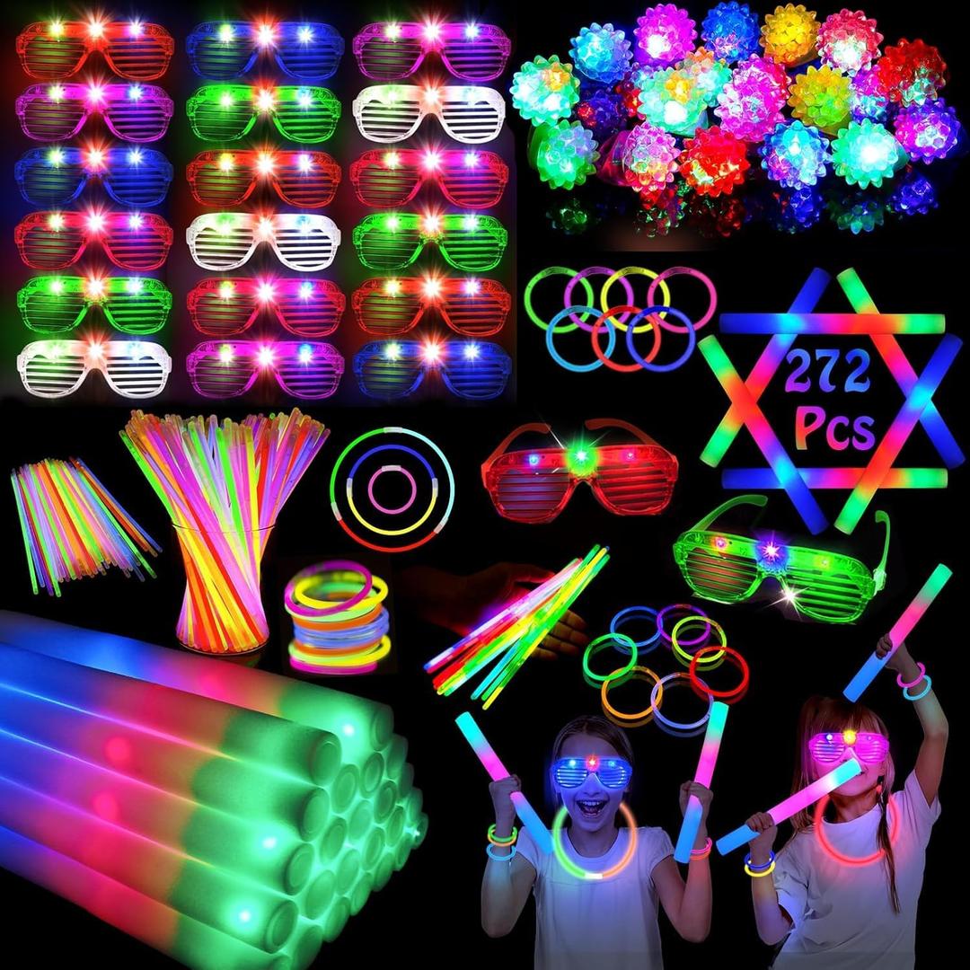 272PCS Glow in the Dark Party Supplies, Glow Sticks Bulk Party Pack, 24PCS Foam Glow Sticks, 24PCS LED Glasses, 24PCS LED Light Up Rings and 200PCS Glow Sticks for Neon Party Decorations