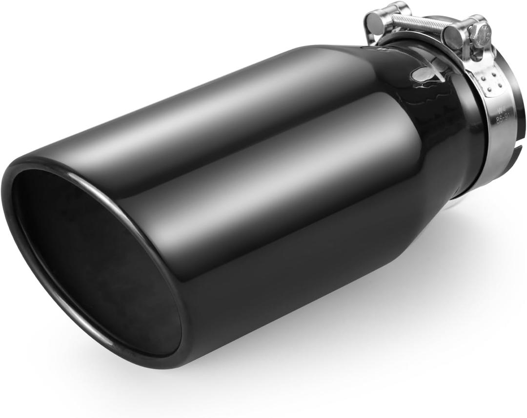 Universal 3.5 Inch Inlet Exhaust Tip, 3.5" Inlet 5" Outlet 12" Overall Length, PVD Black Exhaust Tip, Stainless Steel Exhaust Tip, Angle Cut, Clamp On