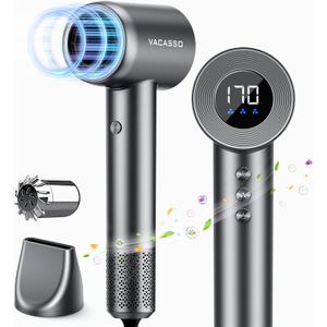 High Speed 110,000 RPM Blow Dryer - Negative Ionic for Hair Care, HD Display, 360 Rotating Nozzle, Low Noise for Home & Travel (Bright Gray)