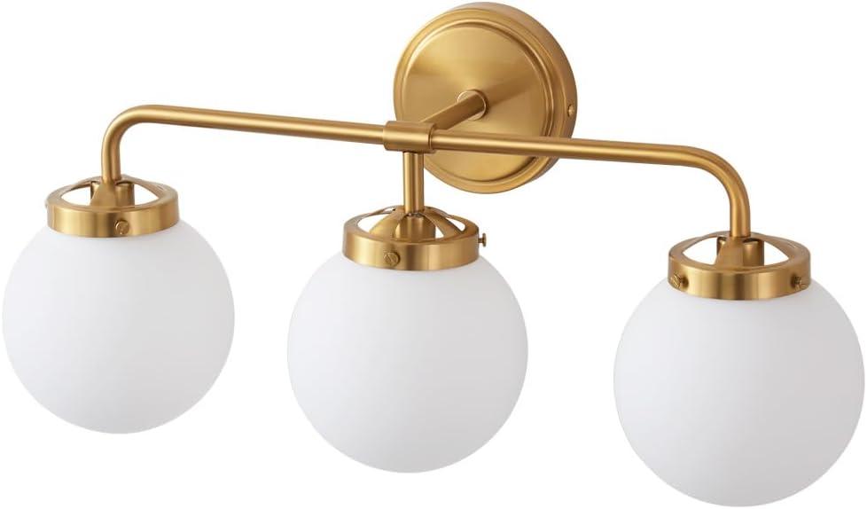 Deyidn Gold Bathroom Vanity Light Fixtures Over Mirror, Modern Brass 3 Lights Wall Sconce with Milky Glass Ball Shade, Mid Century Farmhouse Vanity Lighting
