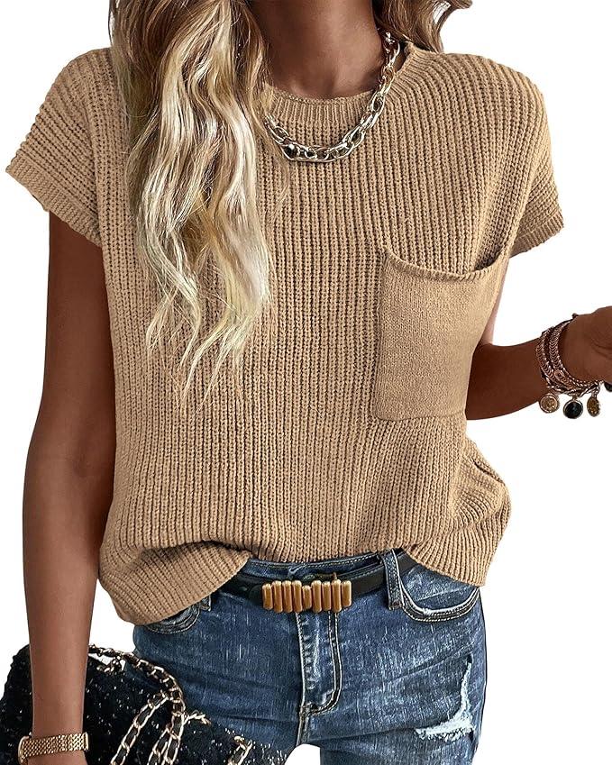 KIRUNDO Summer Fall Short Sleeve Sweater for Women 2025 Casual Sweater Vest Cotton Knit Pullover Tank Tops Fashion Clothing, Small