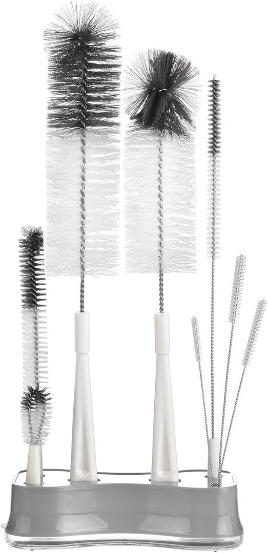 ALINK 8 Pack Bottle Brush Cleaning Set with Stand, Long Handle Bottle Cleaner with Holder for Narrow Neck Beer Wine Brewing Bottles, Stanley, Baby Bottles, Tumblers, Drinking Glasses, Straws (White)
