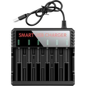 6 Bay 18650 Battery Charger Universal Charger for 3.7v Lithium Rechargeable Batteries Compatible 18650 26650 14500 16340(RCR123) 10440 17670 18490 17500 Lithium Battery Charger (USB Charger)