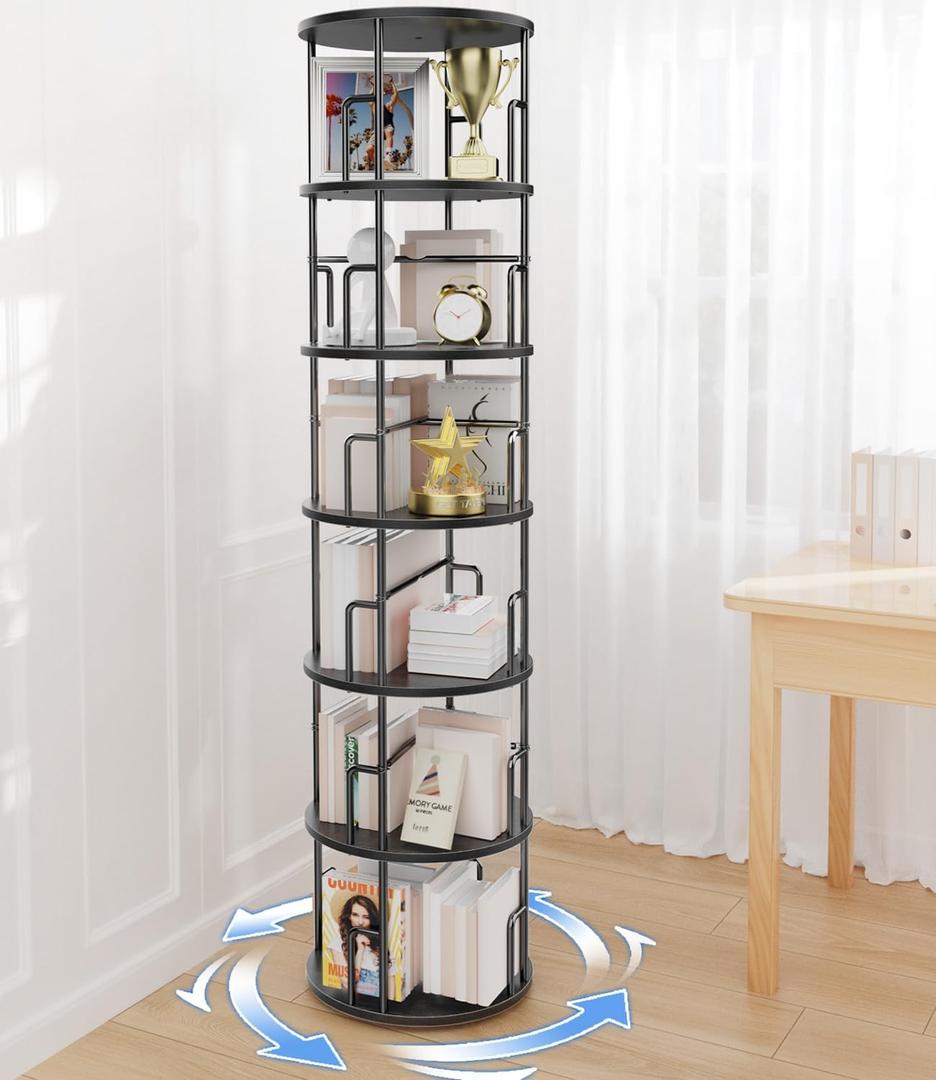 6 Tier Rotating Bookshelf Tower Round Black,74Tall Spinning Bookshelf Tower Anti-Tipping Design,Metal & Wood Standing Revolving Bookcase Stackable Space Saving for Small Spaces,Study,Living Room