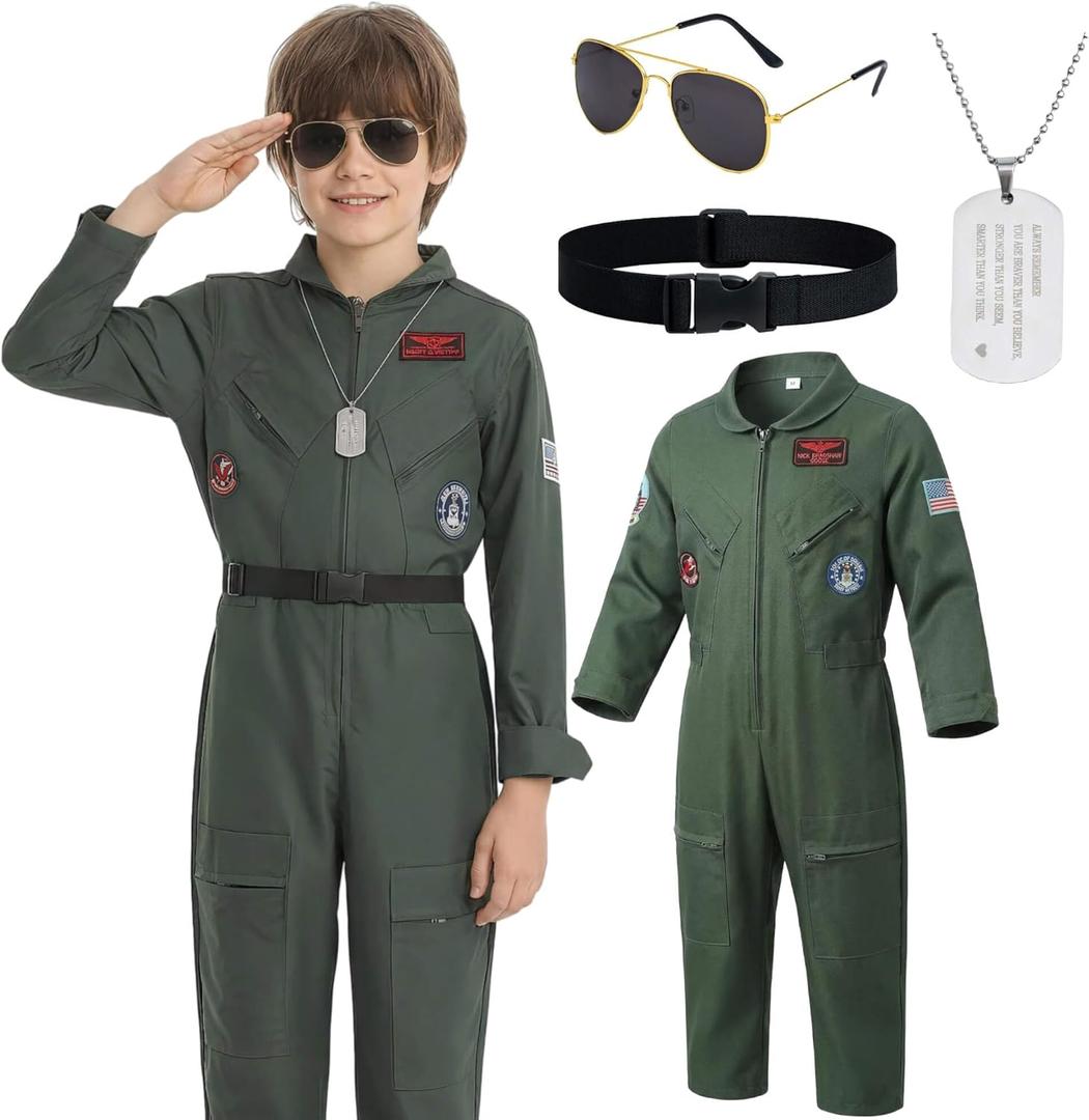 4-Piece Pilot Costume for Kids - Air Force Flight Suit with Sunglasses, Dog Tag & Belt for Halloween Career Day (10-12 Years)