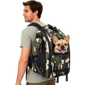 Dog Backpack Carrier with Ergonomic Support, Padded Straps and Ventilation, Hiking Pet Backpack with Safety Tethers, Reflective Trim and Waist Support, Up to 18lbs（Camouflage）