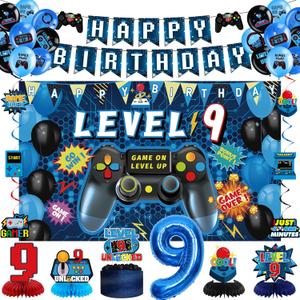 Vlipoeasn 9th Birthday Decorations for Boys, Blue Video Game Level 9 Banner Backdrop Honeycomb Centerpieces Hanging Swirls for 9th Birthday Party, Gamer 9 Years Old Party Supplies